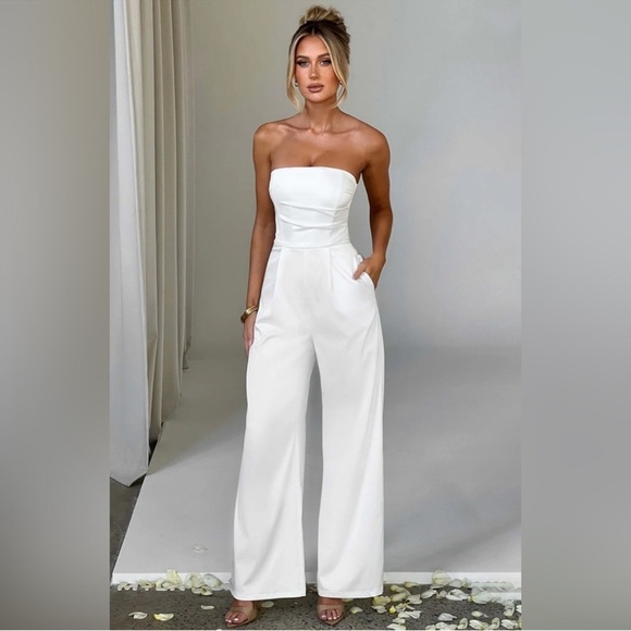 babyboo Pants - Strapless Wide-Leg White Jumpsuit